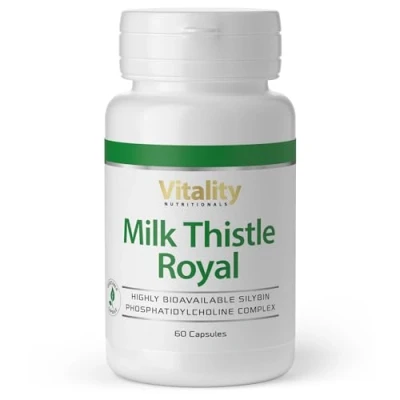 Afbeelding van Mariadistel capsules hoge dosering, Milk Thistle Royal, 160 mg, biologische beschikbaarheid, gepatenteerd extract met Silybine 59,2 60 capsules, vegan. Vitality Nutritionals by VitaminExpress