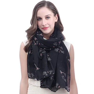Afbeelding van Lina &amp; Lily Damessjaal met kattenmotief, zwart, One Size