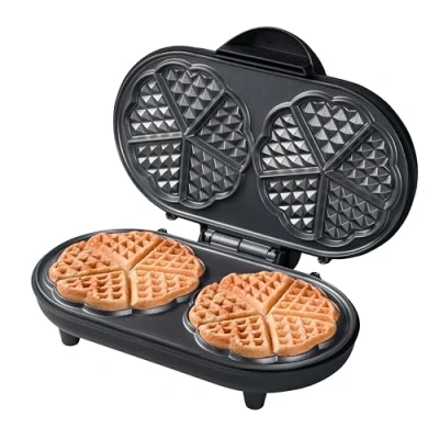 Afbeelding van Bestron dubbel Wafelijzer voor klassieke hartwafels, Wafelmaker met antiaanbaklaag &amp; indicatielampje, 1000 watt, kleur: Zwart