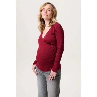 Afbeelding van Zwangerschaps Voedingsshirt Sara Tibetan Red XSmall 95% Organisch katoen / 5% Elastomeer Zwangerschapsshirt Zwangerschapskleding