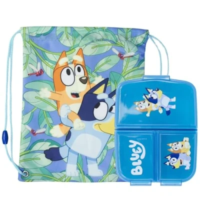 Afbeelding van Sorrisini Kinderlunchbox, Broodtrommel Kind, Kinderlunchbox met Bestek, Lunchbox, Sandwichbox voor kinderen vakken, Onderverdeling, Gymtas Sporttas Kind Bluey