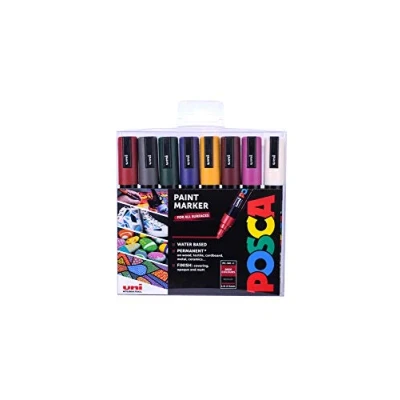 Afbeelding van POSCA PC 5M permanente markeerstiften op waterbasis. Premium medium tip voor kunst en ambachten. Multi oppervlak gebruik hout, metaal, papier, karton, glas, stof, keramiek steen. Set van 8 diepe