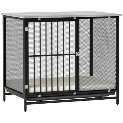 Afbeelding van PawHut Hundekäfig für Zuhause, Abschließbar Hundehütte mit Kissen, Hundebox Paletten, Hundehaus mittelgroße Hunde unter 20 kg, Grau, 88 x 55 71 cm