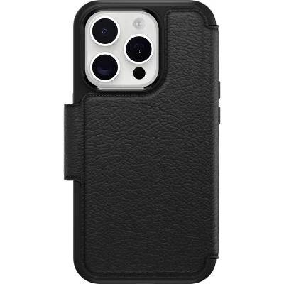 Afbeelding van OtterBox Strada hoesje voor iPhone 15 Pro MagSafe, schokbestendig, valbestendig, lederen folio met kaarthouder, 3x getest volgens militaire standaard, Zwart, Zonder Verpakking
