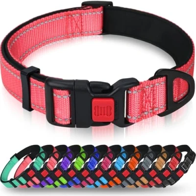 Afbeelding van Taglory Reflecterende nylon hondenhalsband met veiligheidsgesp, verstelbare halsband, zachte neopreen voering, voor puppy‘s, XS, babyroze