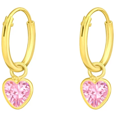 Afbeelding van JoyS Zilveren hartje bedel oorbellen oorringen roze zirkonia 14k goudplating