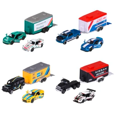 Afbeelding van Majorette Race Trailer Set 2 speelgoedauto&#039;s &amp; 1 aanhanger design automotive auto en van metaal 19 cm voor kinderen vanaf 3 jaar naar keuze