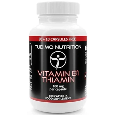 Afbeelding van Vitamine B1 100 mg Thiamine Capsules st. (3+ Maanden Voorraad) van Snelle Desintegrerende elk met 100mg Premium Kwaliteit Mononitraat Poeder