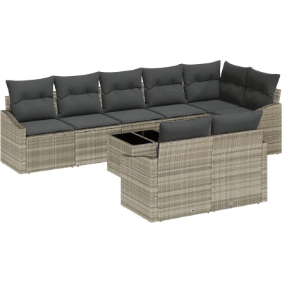 Afbeelding van vidaXL 9 delige Tuin Eettafel Set met Kussens Grijs Poly Rattan