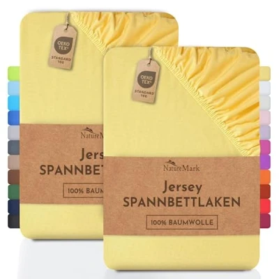 Afbeelding van NatureMark Set van 2 jersey hoeslakens, 100% katoen, verschillende maten en kleuren, merkkwaliteit, Öko Tex standaard 100, 70 x 140 cm, geel