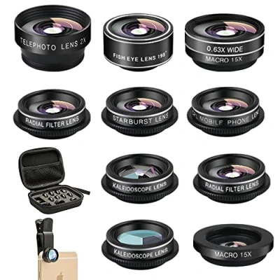 Afbeelding van 11 in 1 mobiele telefoon camera lens kit groothoek &amp; macro fisheye +telelens CPL/stroom/radiaal/ster/zachte filter+caleidoscoop compatibel voor iPhone Samsung Sony en de meeste