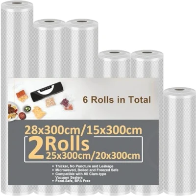 Afbeelding van Vacuümzakken, 6 rollen, vacuümfolie, 15/20/20/25/25/28 x 300 cm (18 m), professionele folierollen voor levensmiddelen, BPA vrij, sterk en scheurvast, alle vacuümmachines sous vide vrieszakken