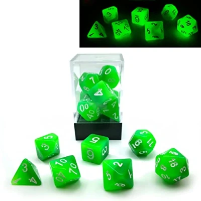 Afbeelding van Bescon Gradient Glowing Polyhedral Dice 7pcs Set FOREST LIGHT, Gradual Luminous RPG Glow in Dark, Novelty DND Game d4 d6 d8 d10 d12 d20 d% Brick Box