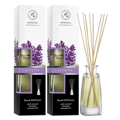 Afbeelding van Aroma Diffuser SET met essentiële olie van lavendel 2x100ml 8 Rotanstokjes Zonder Alcohol Beste Luchtverfrisser voor Thuis Kantoor Spa Aromatherapie