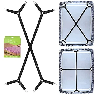 Afbeelding van Felly Verstelbare lakenspanners, 2 stuks elastische lakenhouders, witte beddendoekspanner, lakenspanner met metalen clips, voor lakens, matras, strijkplank of bank, zwart