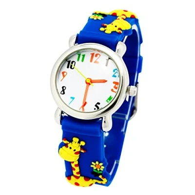 Afbeelding van ele ELEOPTION Girl&#039;s digitale quartz waterdichte 3D schattige cartoon ronde wijzerplaat polshorloge met siliconen riem, Giraffe, Blauw, riem
