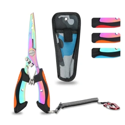 Afbeelding van supregear Vis Tang, Multicolor Rvs Gereedschap met Split Ring, Haak Verwijderaar, Lijn Snijder, Sheath, Lanyard, Zoutwaterbestendig Vissersgereedschap, Oranje
