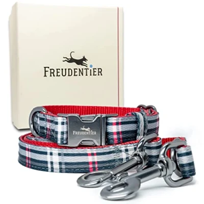 Afbeelding van FREUDENTIER® Hondenhalsband &amp; hondenriem in stijlvolle set Incl. geschenkdoos Edinburgh collectie winterbestendig onderhoudsvriendelijk (30 42cm, zwart/rood)