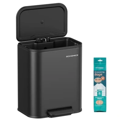 Afbeelding van SONGMICS keukenprullenbak, 20 liter prullenbak met deksel, pedaalemmer, staal, soft close, openhoudfunctie, binnenemmer, breed antislippedaal, inktzwart LTB542B02