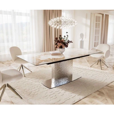 Afbeelding van DELIFE Eetkamertafel Edge 180 220x100 keramiek Minas Melange wit beige Wave RVS uitschuifbaar