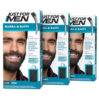 Afbeelding van Just for Men Baard &amp; snor M55 Baardkleur voor heren, kleur zwart, kleuring, verwijdert grijs haar, met applicatorkam (3 stuks)