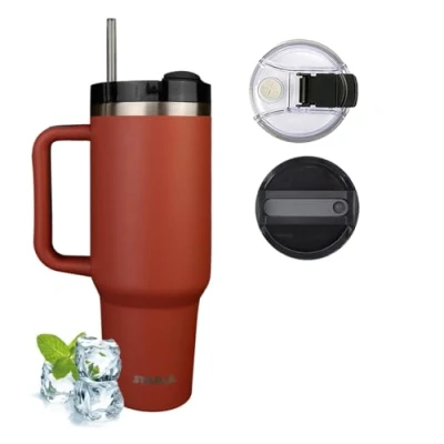 Afbeelding van STARLA Thermosbeker met rietje en handvat, 1,2 l, groot, 2 deksels, lekvrij, roestvrij staal, isolatiebeker, koffiebeker, bekerbeker, reisbeker, drinkbeker rood roestkleurig