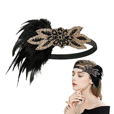 Afbeelding van MIVAIUN 1920s zwarte veren haarband, jaren 20 vintage Gatsby haarbanden, strass bruids hoofdband haaraccessoires, flapper hoofdband, voor bruiloft, feest, kostuum, prom (1 stuks)