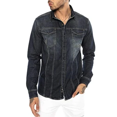 Afbeelding van Redbridge Premium denim hemd jeanshemd casual vrijetijdshemd, M5034 donkerblauw, XL