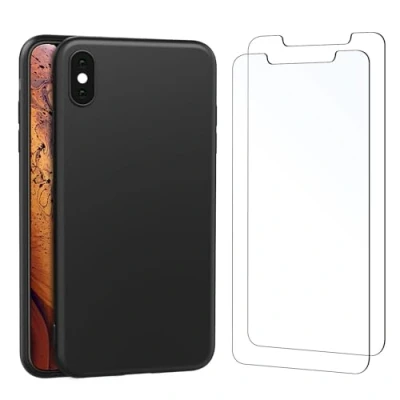 Afbeelding van NEW&#039;C Hoesje voor iPhone XS Max Ultradunne zwarte siliconen en 2x Screen Protector Gehard Glass Schermbeschermer