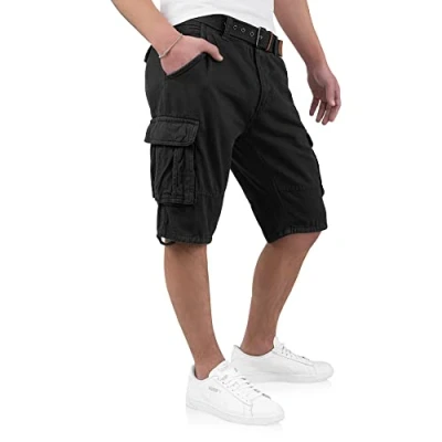 Afbeelding van Indicode Kjeld Cargoshorts voor heren, met 6 zakken, incl. stoffen riem van 100% katoen, korte broek, bermuda, zomer, herenshorts, cargobroek, zomerbroek mannen, zwart, L