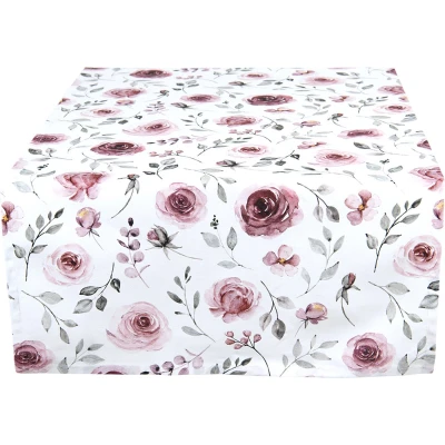 Afbeelding van Clayre &amp; Eef Tafelloper 50x140 cm Wit Roze Katoen Rechthoek Rozen Tafelkleed
