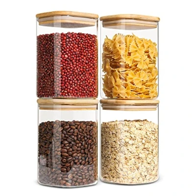 Afbeelding van ComSaf 1100ml Luchtdichte Potten met Bambus Deksel, Borosilicaat Glazen Voorraadpotten Set van 4, Opslag Bussen Silicone Afdichtring, Transparante Keuken voor Voedsel