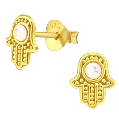 Afbeelding van JoyS Zilveren hamsa oorbellen 6 x 8 mm opaal 14k goudplating