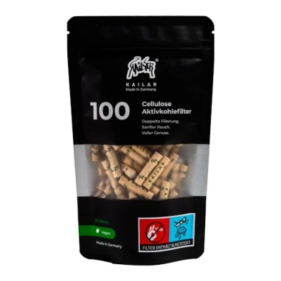 Afbeelding van KAiLAR 100 ongebleekte cellulose, actieve koolfilter Slim (5,9 mm) met veganistische kool uit kokosnootschalen, voor een zachte rookervaring zonder te verstoppelen (koudebestendigheid)