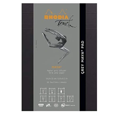 Afbeelding van RHODIA Touch 116106C Block Grey Maya Pad A5 50 vellen Clairefontaine Uni grijs 120 g/m voor kalligrafie en nauwkeurig tekenen op potlood, liner, veer
