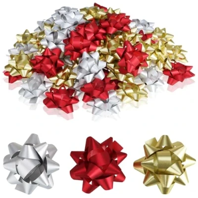 Afbeelding van Wilhelm Sell® 60x zelfklevende geschenkstrikken 5 x 2 cm kleurrijke strikken voor geschenken decoratieve kant en klare Kerstmis, verjaardagen bruiloften (rood/goud/zilver)