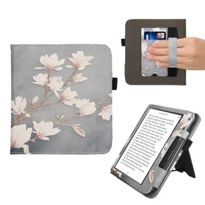 Afbeelding van kwmobile e reader hoesje compatibel met Kobo Libra Colour Ereader case van kunstleer Magnolia in taupe/wit/blauwgrijs