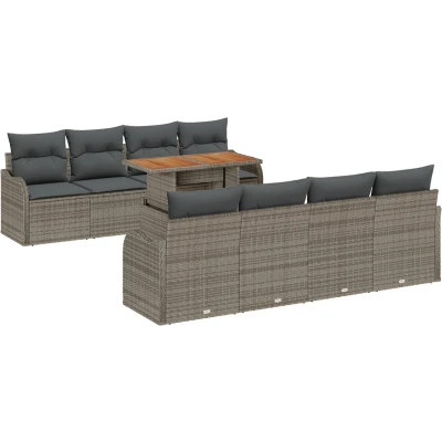 Afbeelding van vidaXL 9 delige Tuin Sofa Set met Kussens Grijze Poly Rattan Acacia, 2 Zitplaats