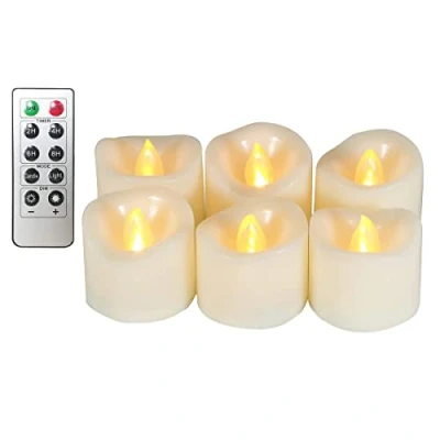 Afbeelding van Theelichten LED realistische heldere Flikkerende kaarsen met afstandsbediening, batterij en 2/4/6/8 timer, 300 uur non stop verlichting geleverd door Erosway Ivory 6 stuks/pakket