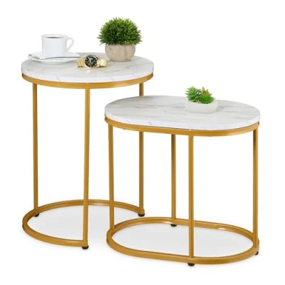 Afbeelding van salontafel set van 2 groottes marmer look wit goud