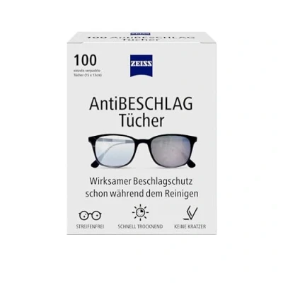 Afbeelding van ZEISS Anti condensdoeken, 100 stuks, voor een langdurige bescherming tegen condensvorming tijdens het reinigen, elke doek afzonderlijk verpakt, ideaal onderweg of op reis