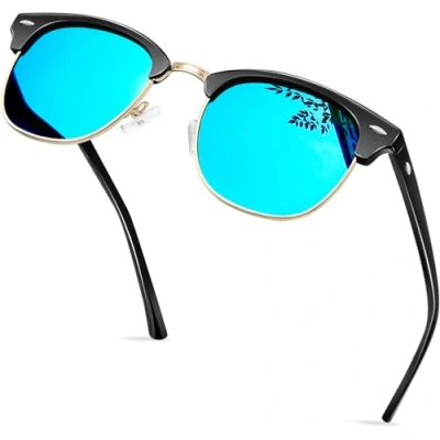 Afbeelding van KANASTAL Gepolariseerd Zonnebril Dames en Heren Retro Half Montuur Metal Zonnebrillen Klassiek Mode Met UV400 Bescherming Trekking Vierkante Unisex Blauw