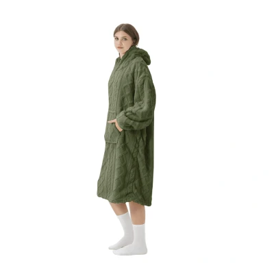 Afbeelding van SOPHIE Oversized Hoodie 70x110 cm &amp; deken in één extra grote kabeltrui met capuchon Military Olive groe