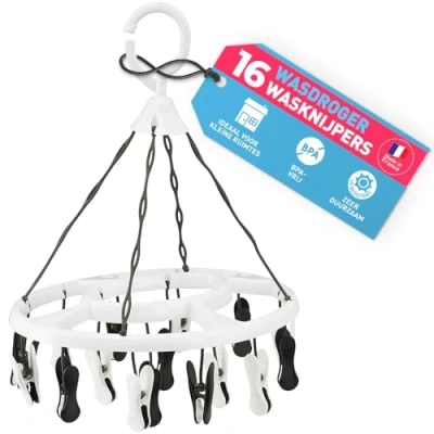 Afbeelding van Wasdroger kleine droogmolen met 16 zachte clips (1 stuk wit zwart en wit) van culiclean Premium wasknijpers
