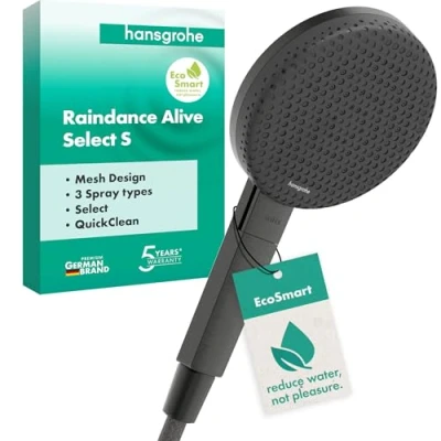 Afbeelding van hansgrohe Raindance Alive Select S waterbesparende douchekop 7,1 l/min (EcoSmart), handdouche met 3 straalsoorten (incl. PowderRain), douchecabine, antikalkfunctie, geborsteld zwart chroom