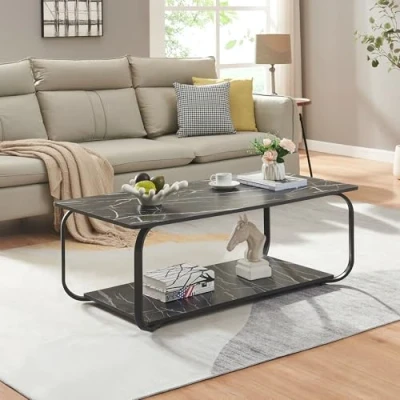Afbeelding van [en.casa] Salontafel Kolta rechthoekig marmerlook zwart met onderblad 120x60x43 cm