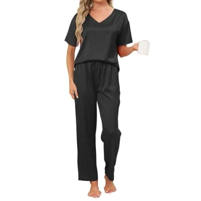 Afbeelding van Reliwel pyjama dames satijnen lang tweedelig huispak V hals set nachtkleding korte mouwen top &amp; lange pyjamabroek zachte Pj sets voor herfst winter, zwart, XL