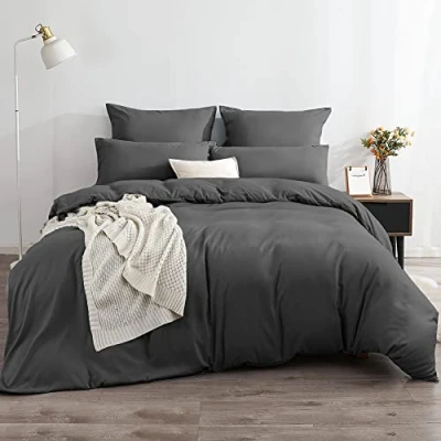 Afbeelding van Soifox Beddengoed 200 x 220 cm, grijs/antraciet, beddengoedset van microvezel, strijkvrij en kreukvrij, dekbedovertrek cm set, met kussensloop 80 set 2, ritssluiting