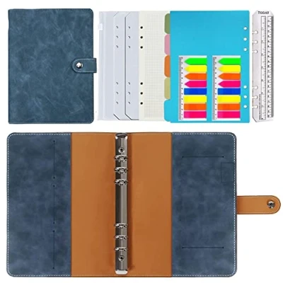 Afbeelding van navulbaar, A5 formaat, PU leer, ringband, dagboek, geruit, echt binnentas voor reiswerk en organizer, cadeau meisjes jongens (blauw, 23 x 17 cm)