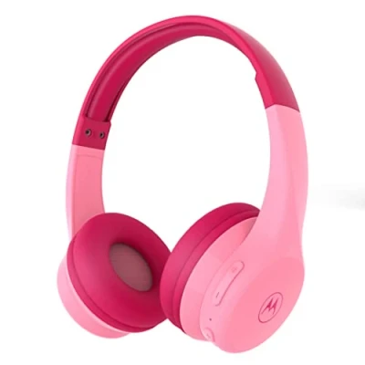 Afbeelding van Motorola Moto JR300 Bluetooth kinderhoofdtelefoon met microfoon, lichte over ear hoofdtelefoon voor kinderen, volumeregeling 85 dB, audio splitter om te delen, ideaal school, reizen, gamen, roze